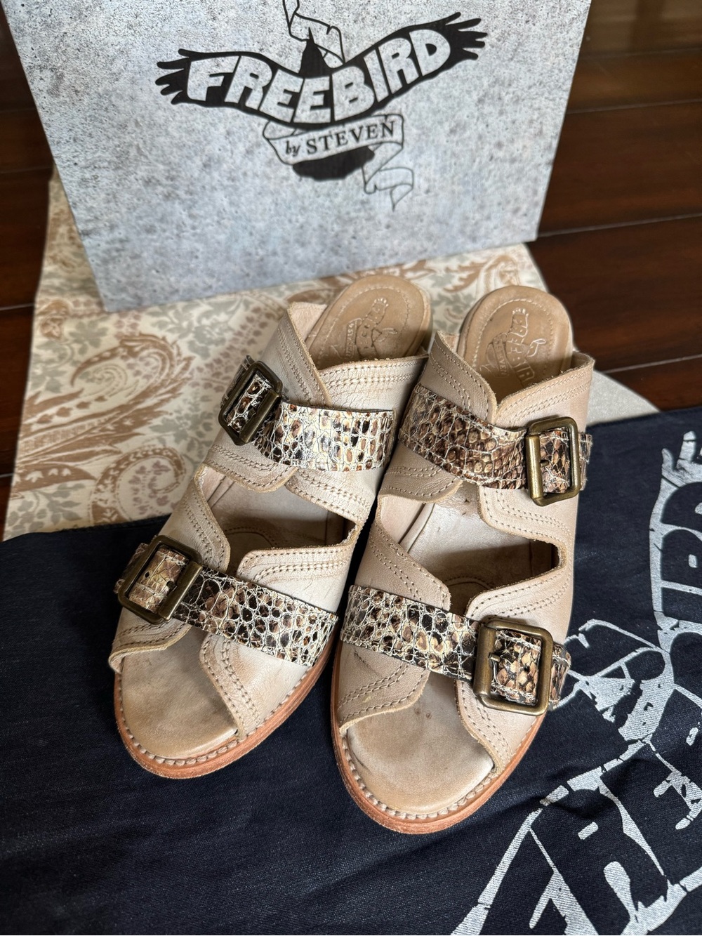Freebird by Steven Beige Snake-Trim Buckle Slide Mules